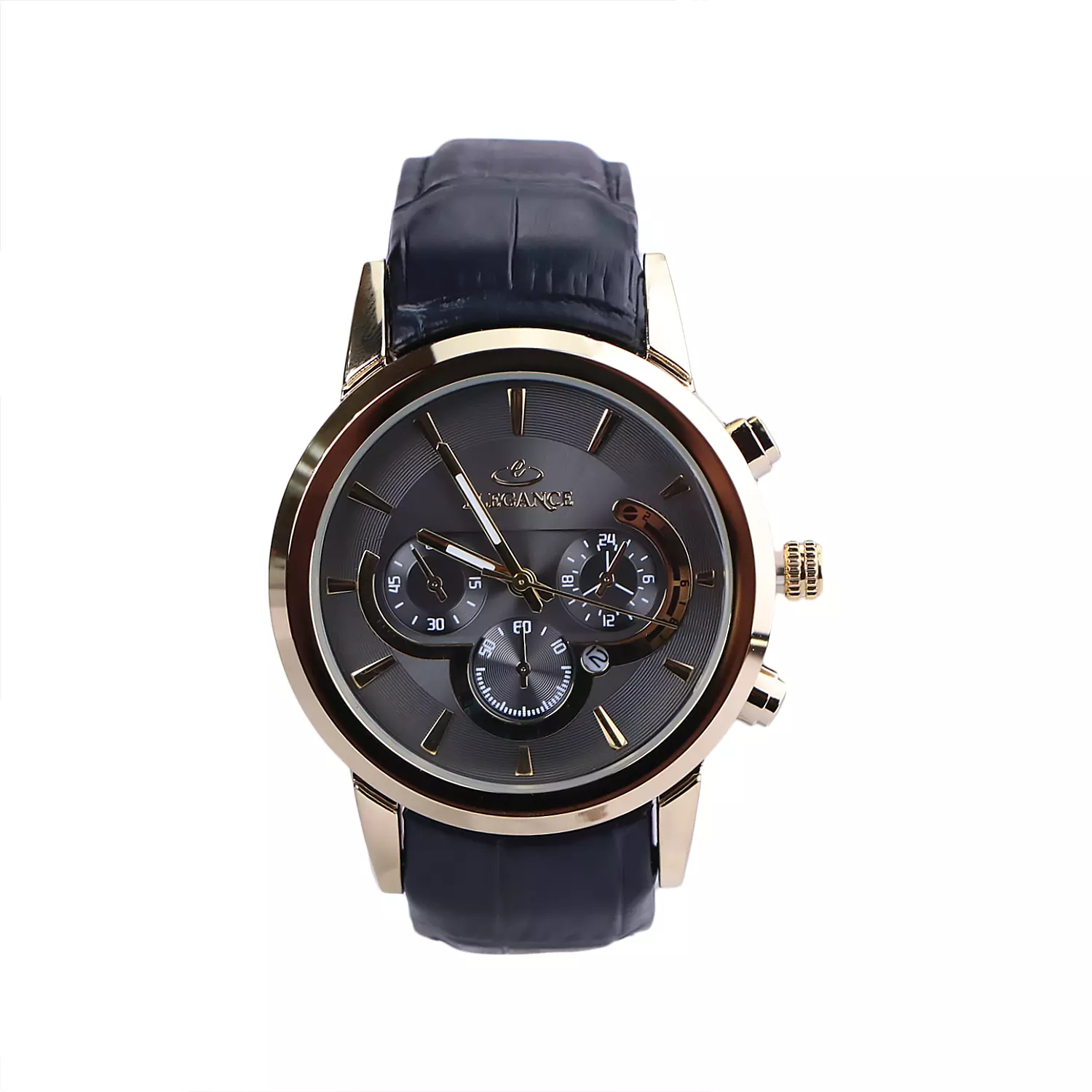 Elegance-Watch-Code-G-1238.131.webp ساعت مچی مردانه الگانس بند چرم مشکی قاب طلایی G 1238/13 - Image 1