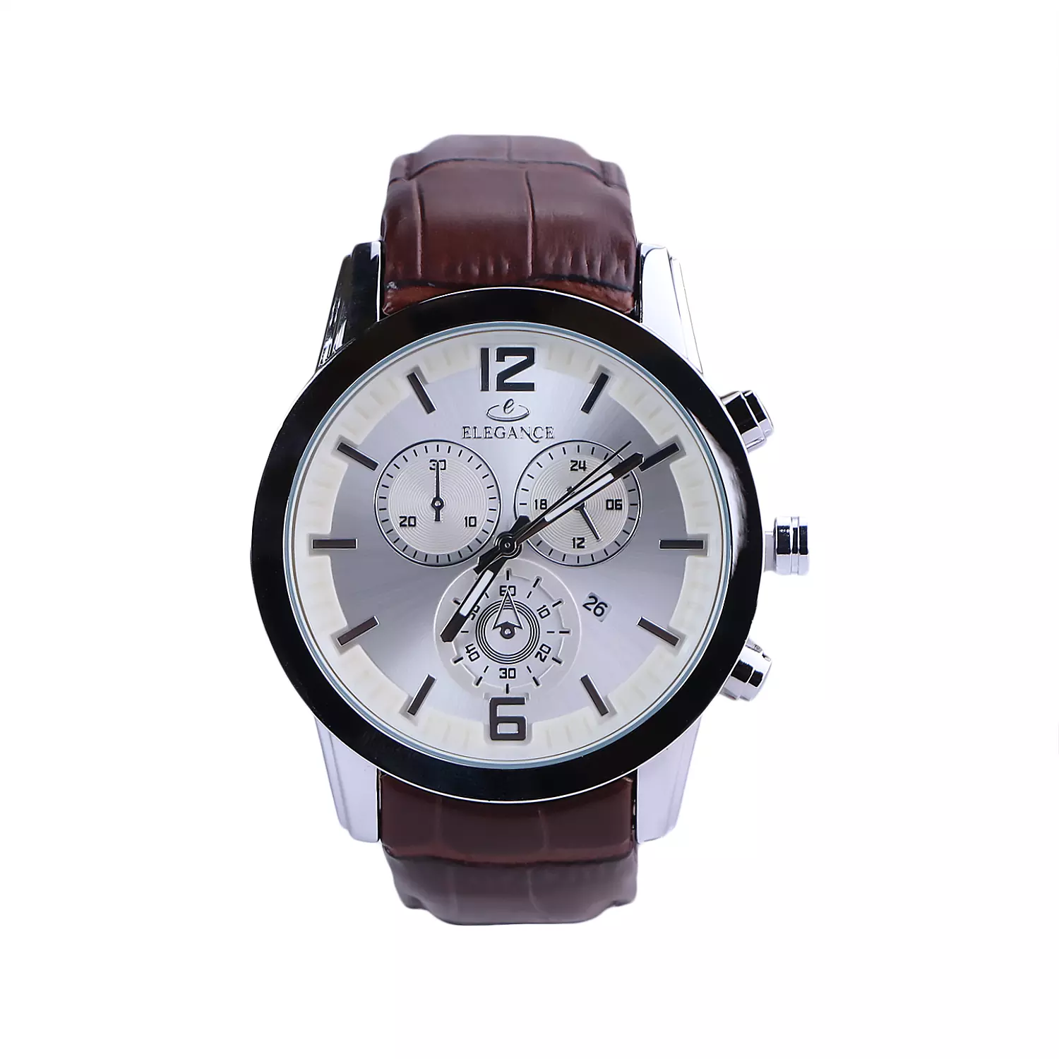 Elegance-Watch-Code-G-1239.31.webp ساعت مچی مردانه الگانس بند چرم قهوه ای صفحه سفید G 1239/3 - Image 1