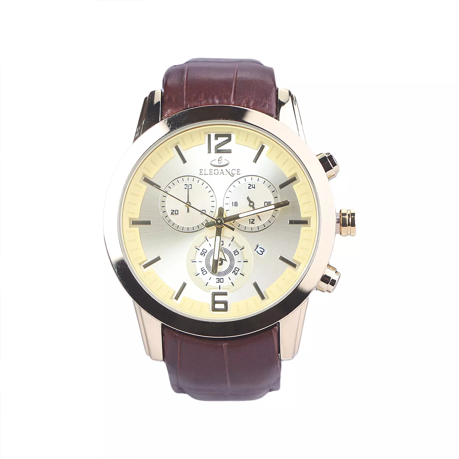 Elegance-Watch-Code-G-1239.71.webp ساعت مچی مردانه الگانس بند چرم قهوه ای قاب طلایی G 1239/7 - Image 1