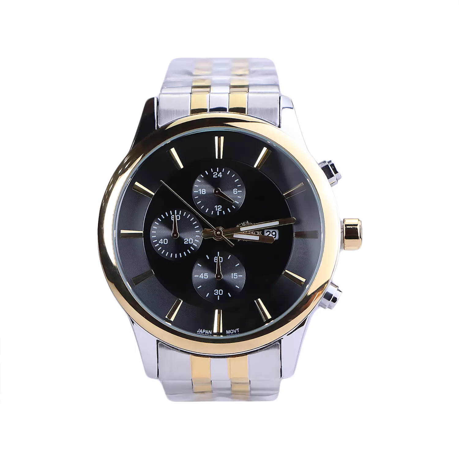 Elegance-Watch-Code-G-2360.11.webp ساعت مچی الگانس مردانه فلزی نقره ای طلایی صفحه مشکی G 2360/1 - Image 1