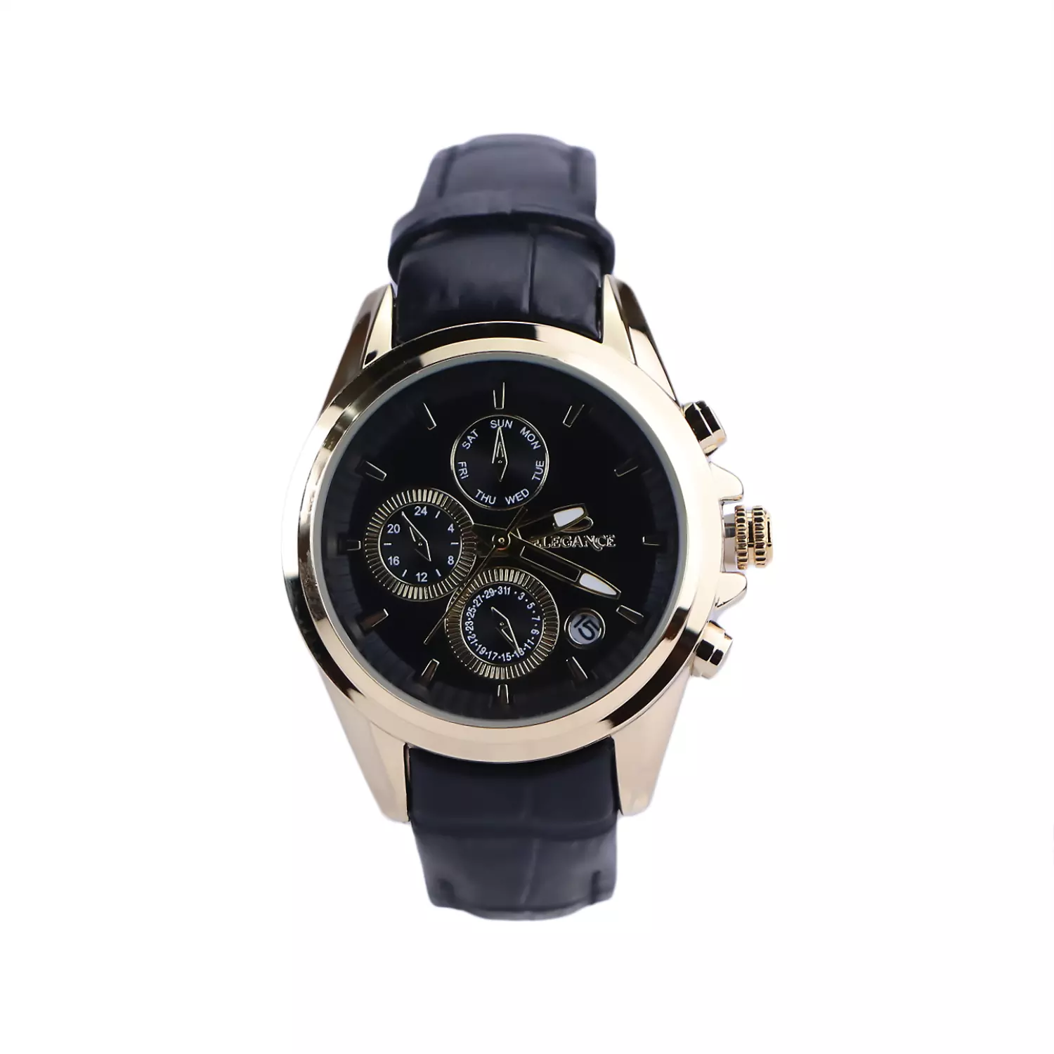 Elegance-Watch-Code-L-1246.71.webp ساعت عقربه ای الگانس زنانه بند چرم مشکی قاب طلایی L 1246/7 - Image 1