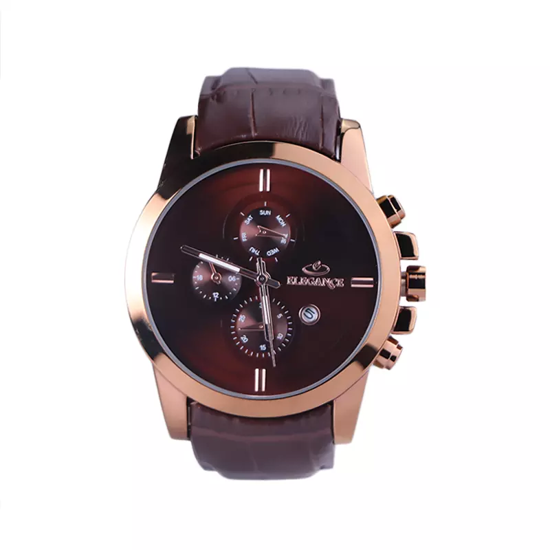 Elegance-Watch-code-G-1203.41.webp ساعت مچی الگانس مردانه بند چرم قهوه ای قاب رزگلد G 1203/4 - Image 1