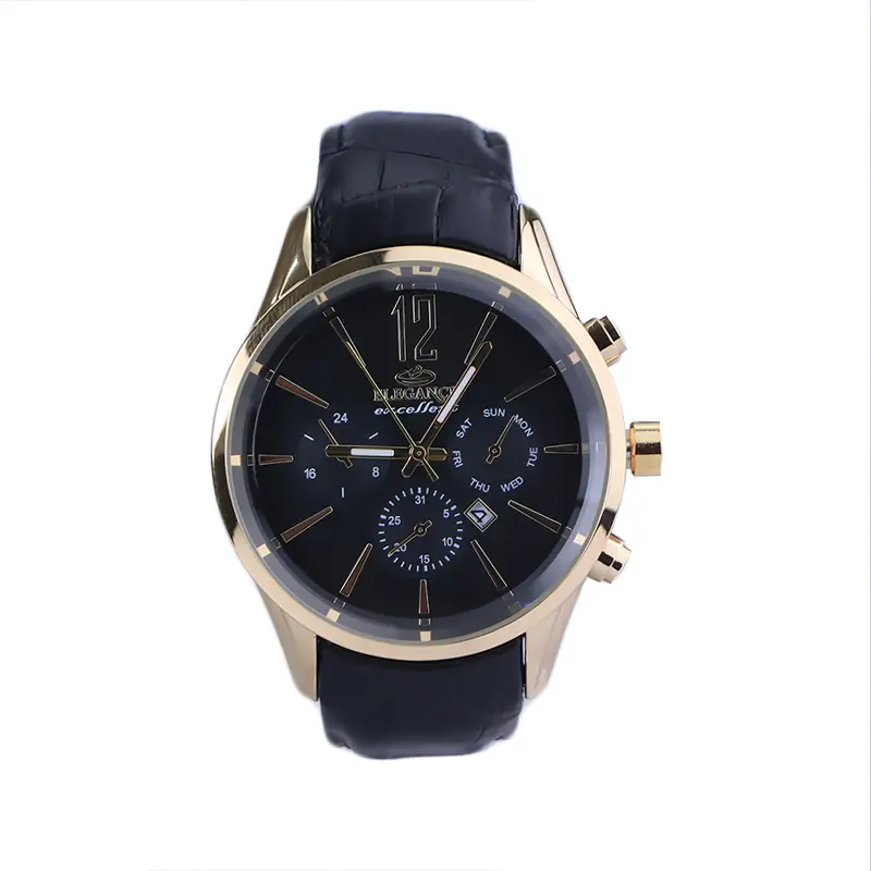 Elegance-excellent-watch-code-G-2066.11.webp ساعت مچی مردانه الگانس چرم مشکی قاب طلایی G 2066/1 - Image 1
