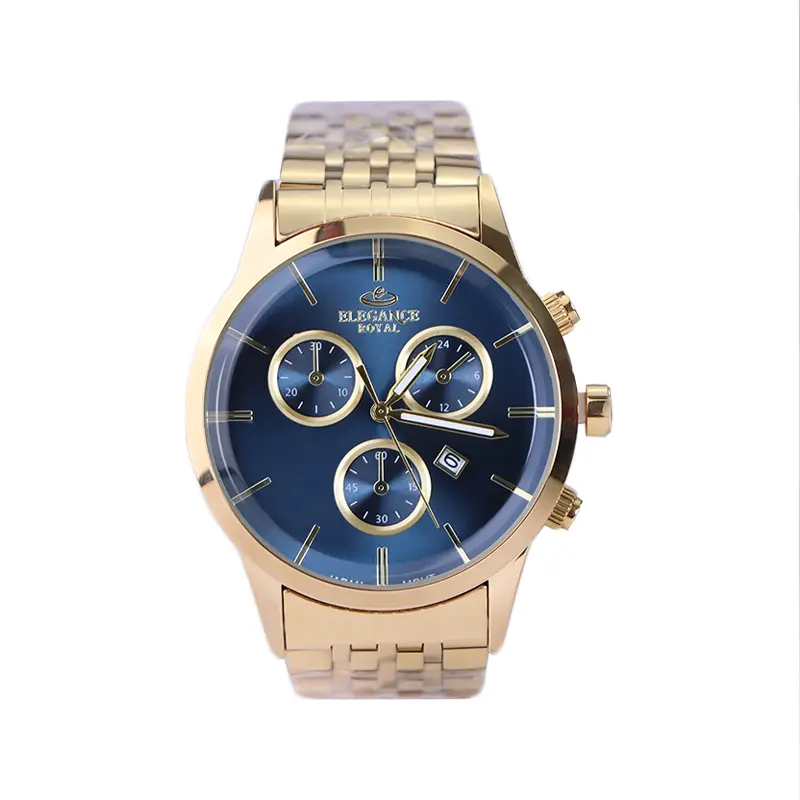 Elegance-royal-watch-code-G-9766.41.webp ساعت مچی الگانس مردانه فلزی طلایی صفحه آبی G 9766/4 - Image 1