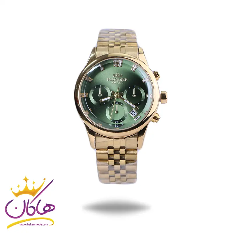 Elegance-royale-watch-code-L9766.31.webp ساعت مچی الگانس زنانه فلزی طلایی صفحه سبز L 9766/3 - Image 1
