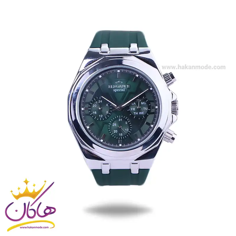 Elegance-watch-code-ES-8165.111.webp ساعت الگانس اسپشیال مردانه بند رابر سبز ES8165/1 - Image 1