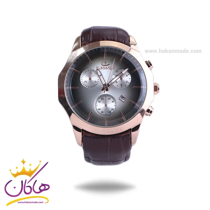 Elegance-watch-code-G-1205.31.webp ساعت عقربه ای الگانس مردانه چرم قهوه ای قاب رزگلد G 1205/3 - Image 1