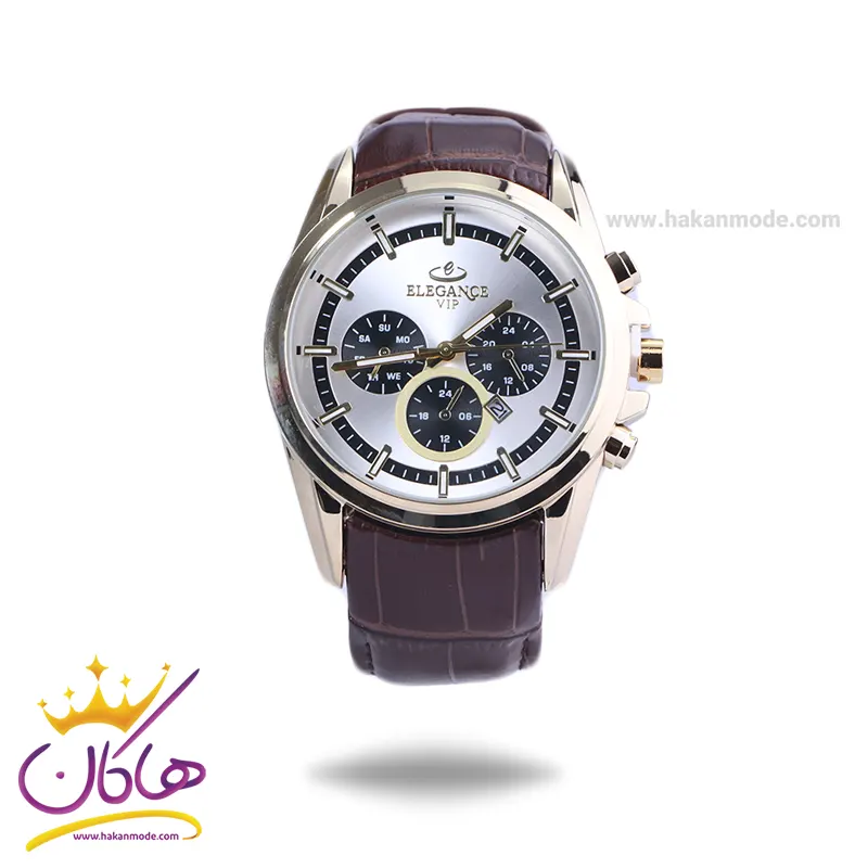 Elegance-watch-code-G-1256.31.webp ساعت عقربه ای الگانس مردانه چرم قهوه ای قاب طلایی G 1256/3 - Image 1
