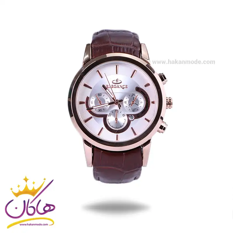 Elegance-watch-code-G-2091.21.webp ساعت عقربه ای الگانس مردانه بند چرم قهوه ای قاب رزگلد G2091/2 - Image 1