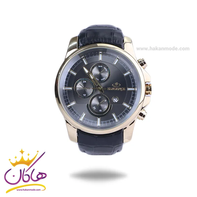 Elegance-watch-code-G-2097.71.webp ساعت عقربه ای الگانس مردانه بند چرم مشکی قاب طلایی G 2097/7 - Image 1