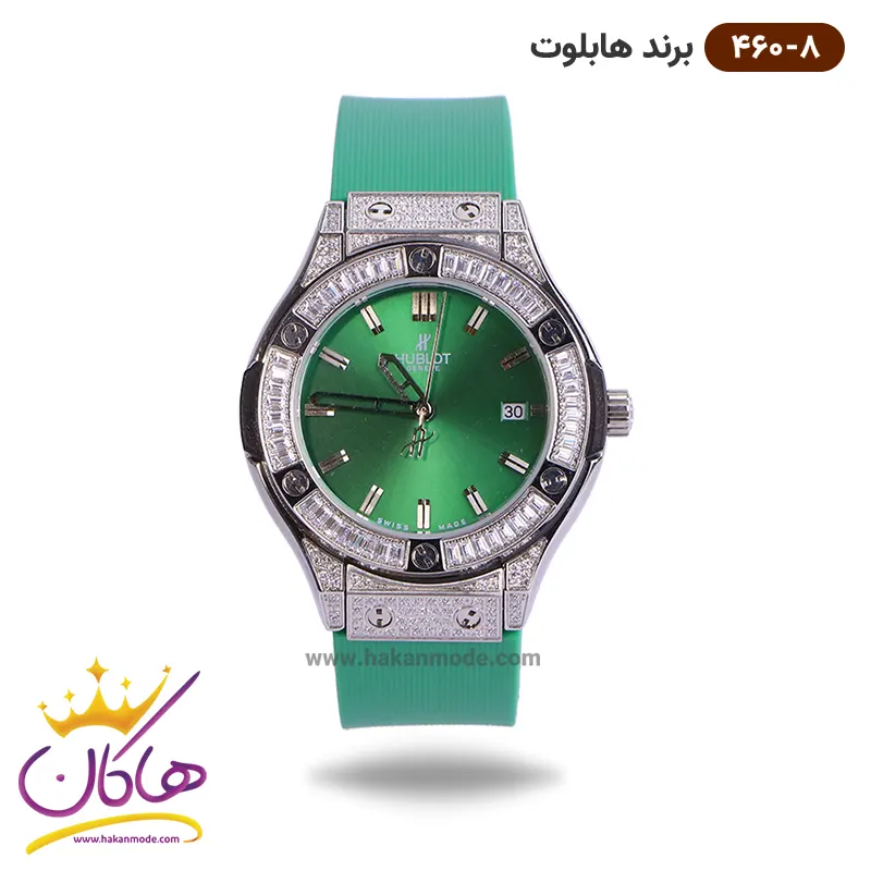 Hablut-watch-code-460-8-1.webp ساعت هابلوت زنانه کرنوگراف بند رابر قاب تمام نگین صفحه سبز 460/8 - Image 1