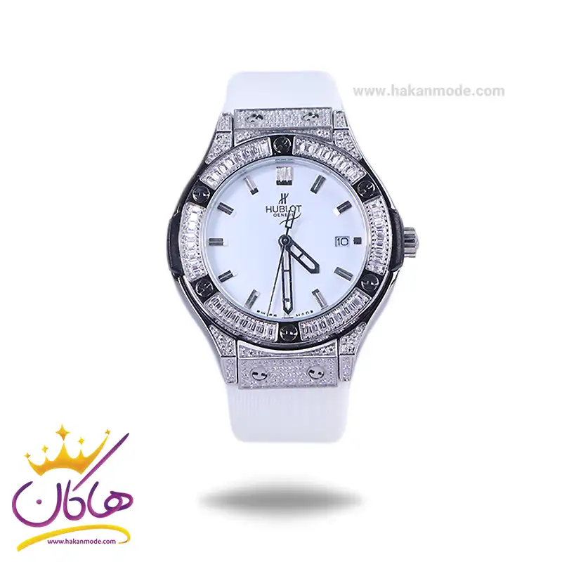 Hublot-watch-code-L-460.61.webp ساعت هابلوت زنانه بند رابر سفید قاب نگین دار L 460/6 - Image 1