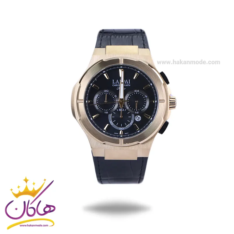 Laxmi-watch-code-8192.41.webp ساعت مچی لاکسمی مردانه بند چرم مشکی کرنوگراف 8192/4 - Image 1