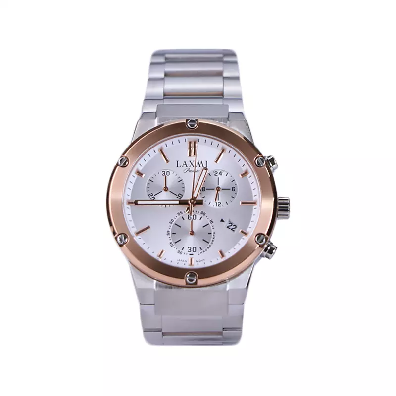 Laxmi-watch-code-G-8125.51.webp ساعت مچی لاکسمی مردانه فلزی نقره ای رزگلد کرنوگراف G 8125/5 - Image 1