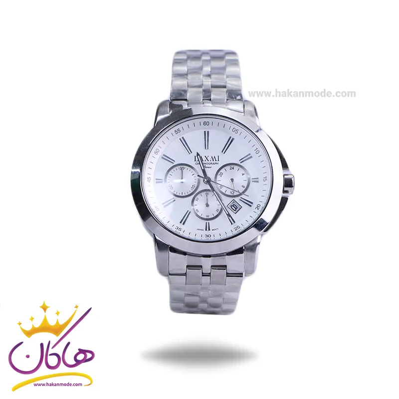 Laxmi-watch-code-G-8552.11.webp ساعت مچی لاکسمی مردانه فلزی کرنوگراف نقره ای G8552/1 - Image 1