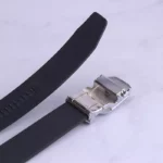 کمربند ریلی چرم طبیعی مردانه سگک نقره ای مشکی ساده - Image 2