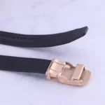 کمربند ریلی چرم طبیعی مردانه سگک مشکی رزگلد ساده - Image 3