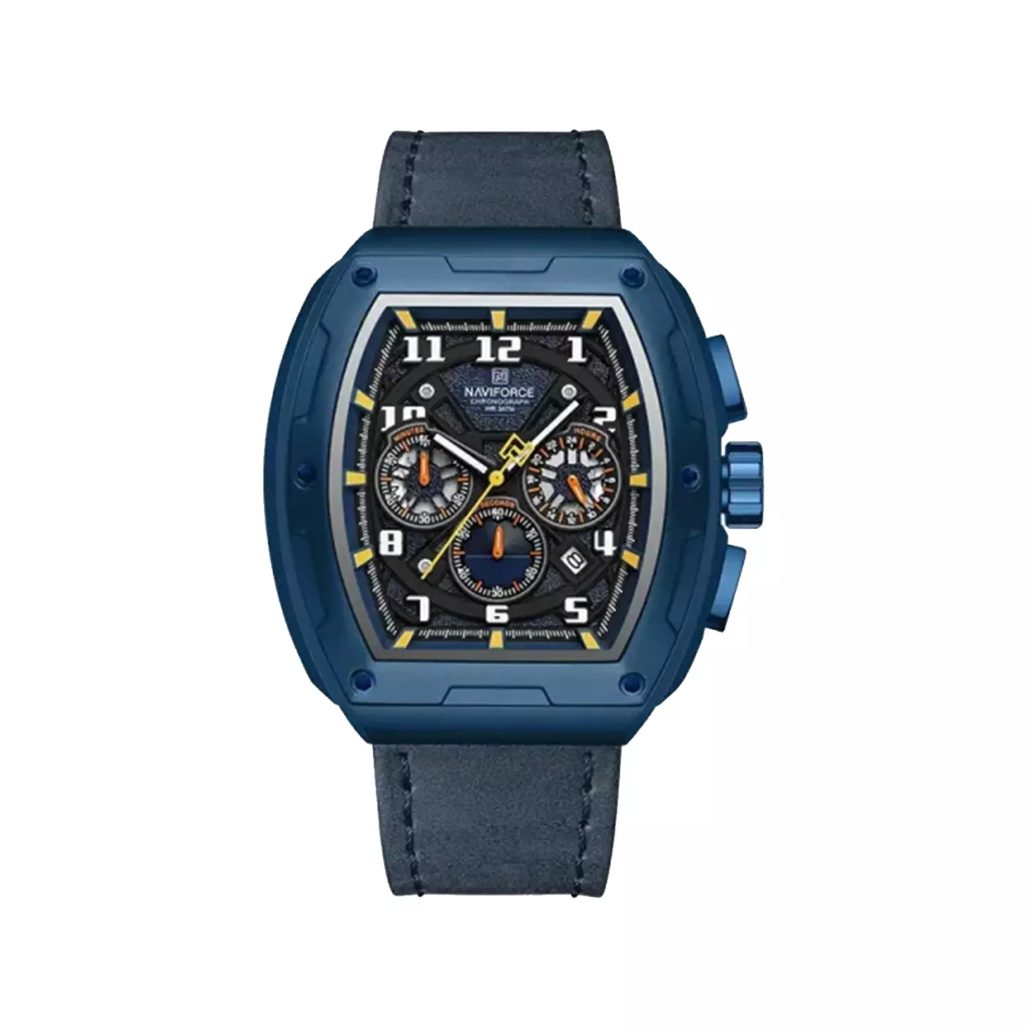 Naviforce-Watch-Code-8053.31.webp ساعت مچی نیوی فورس مردانه بند چرم سرمه ای کرنوگراف 8053/3 - Image 1