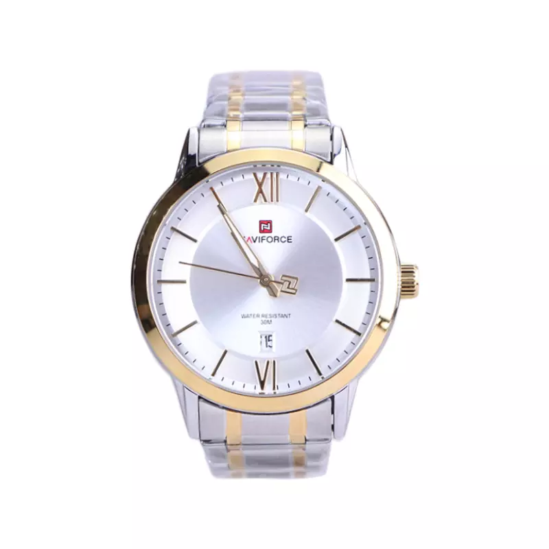 Naviforce-Watch-Code-NF-9254.21.webp ساعت عقربه ای نیوی فورس مردانه فلزی نقره ای طلایی 9254/2 - Image 1
