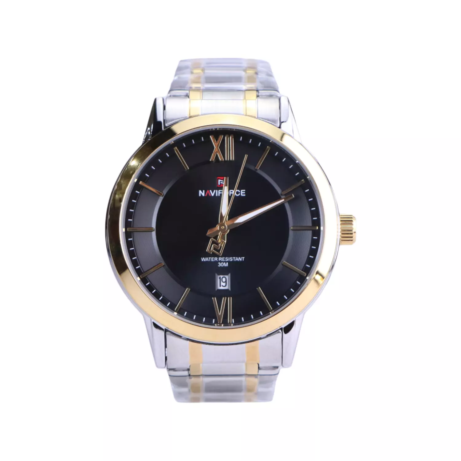 Naviforce-Watch-Code-NF-9254.41.webp ساعت نیوی فورس مردانه فلزی نقره ای طلایی صفحه مشکی NF 9254/4 - Image 1