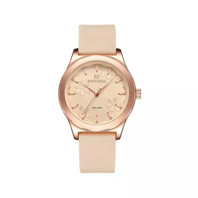 Naviforce-watch-code-5051.41.webp ساعت مچی نیوی فروس زنانه بند رابر کرمی قاب رزگلد 5051/4 - Image 1