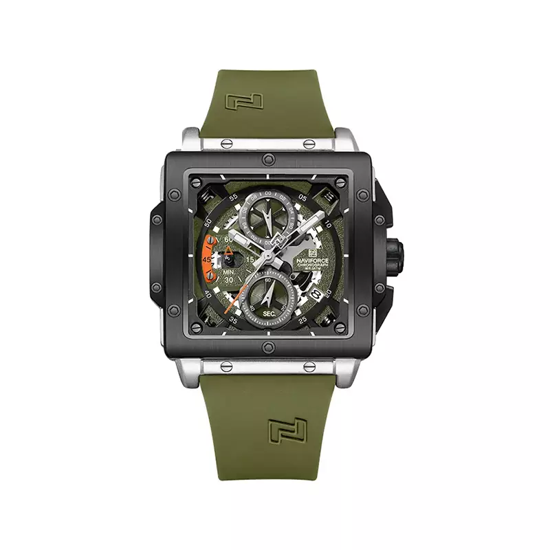 Naviforce-watch-code-8064.31.webp ساعت مچی نیوی فورس مردانه قاب مربع سبز کرنوگراف NF 8064/3 - Image 1