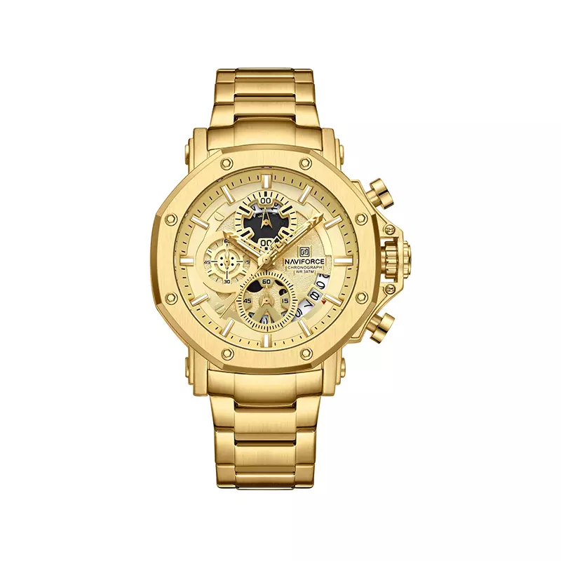 Naviforce-watch-code-8065.11.webp ساعت مچی نیوی فورس مردانه فلزی طلایی کرنوگراف 8065/1 - Image 1
