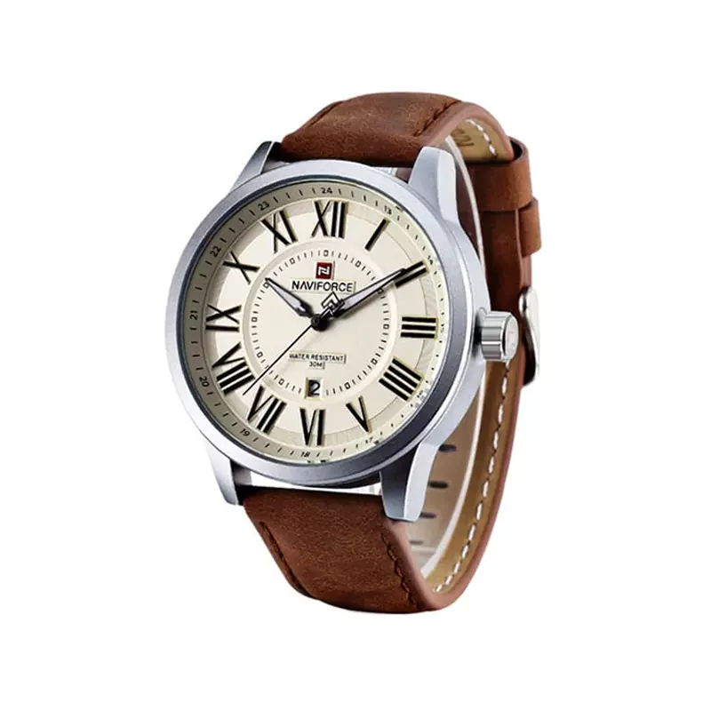 Naviforce-watch-code-9126.11.webp ساعت مچی نیوی فورس مردانه چرم قهوه ای صفحه طلایی 9126/1 - Image 1