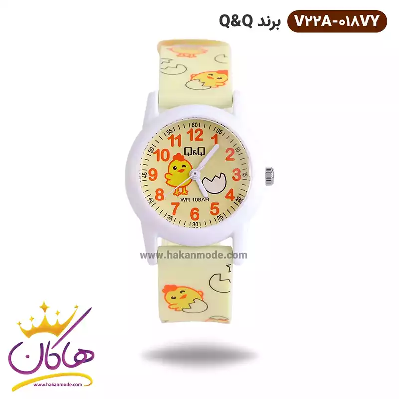 QQ-watch-code-V22A.018VY1.webp ساعت دخترانه کیو اند کیو لیمویی طرح جوجه V22A-018VY - Image 1