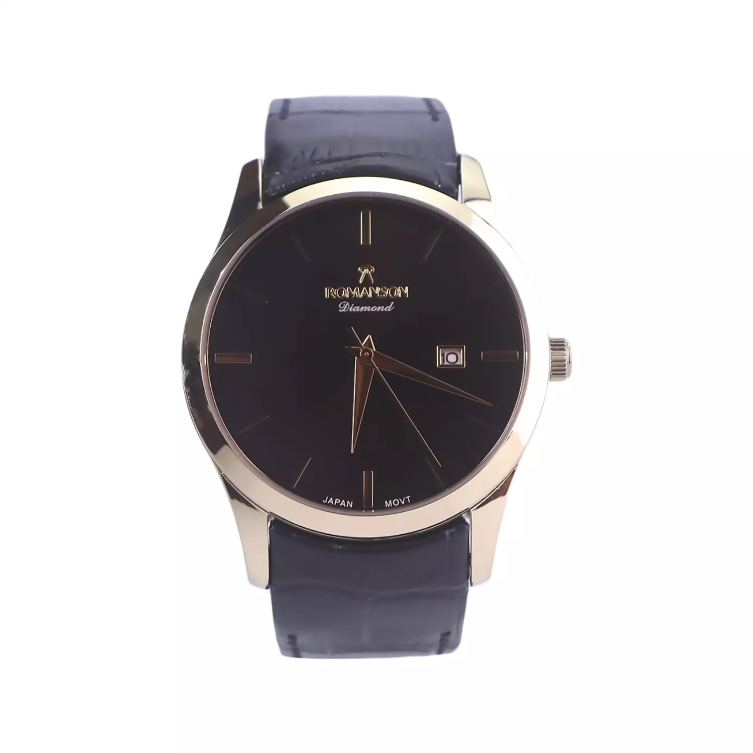 Romanson-diamond-Watch-Code-G-1533.41.webp ساعت عقربه ای رومانسون مردانه چرم مشکی قاب طلایی G1533/4 - Image 1