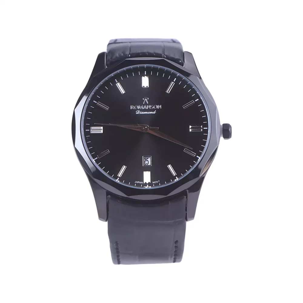 ساعت مچی رومانسون مردانه بند چرم مشکی قاب مشکی G1534/1