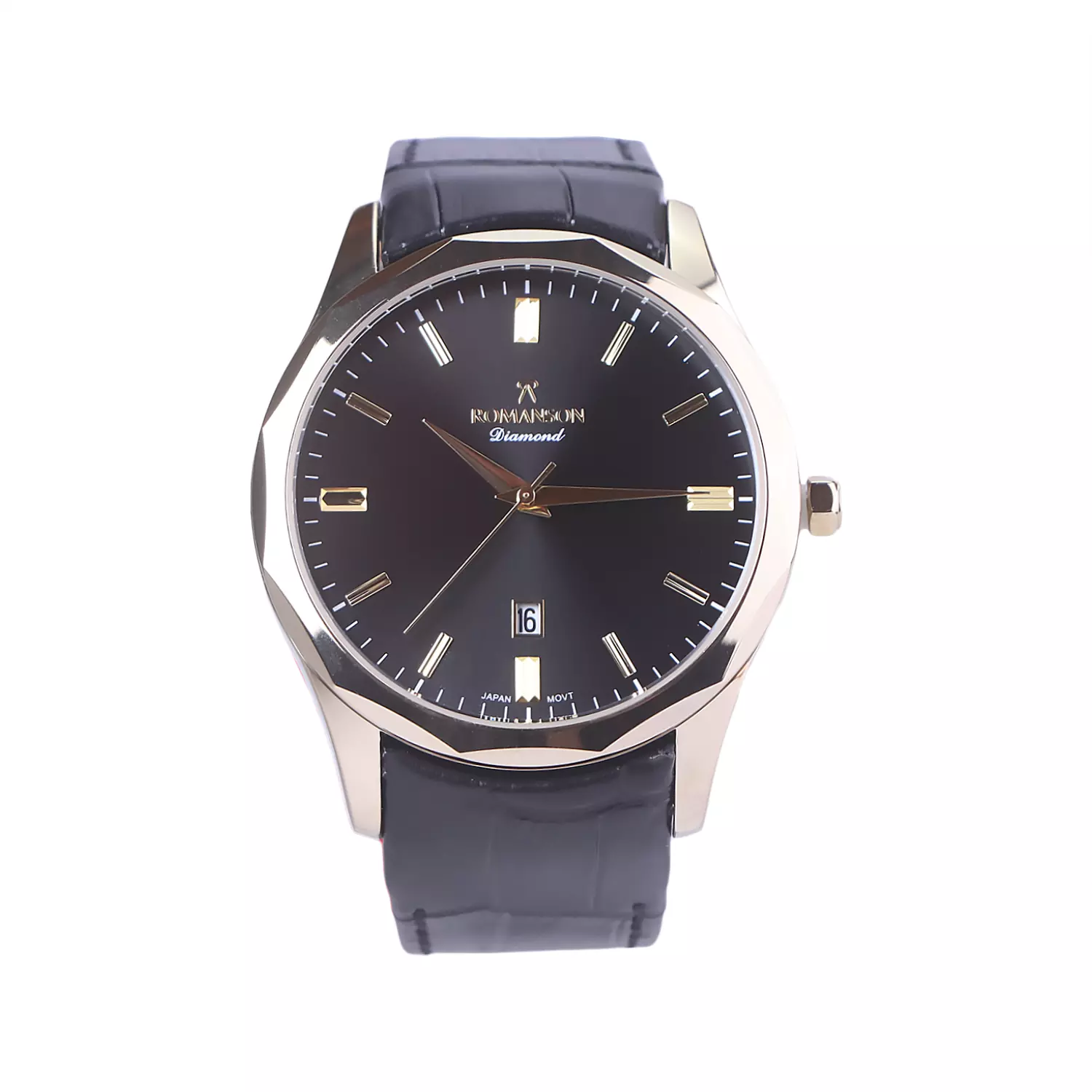 Romanson-diamond-Watch-Code-G-1534.41.webp ساعت مچی رومانسون مردانه بند چرم مشکی قاب طلایی G1534/4 - Image 1