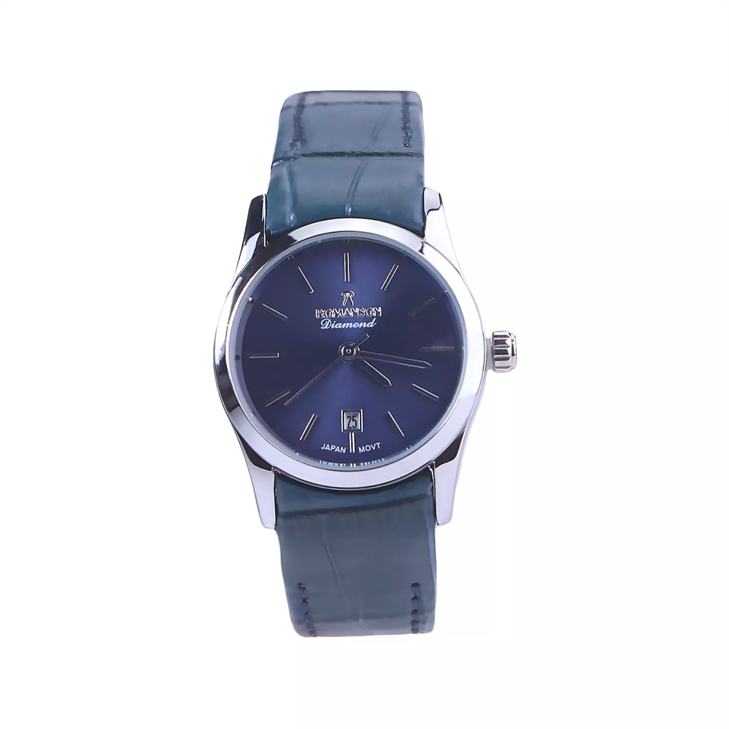 Romanson-diamond-Watch-Code-L-1535.41.webp ساعت مچی رومانسون زنانه بند چرم سرمه ای قاب نقره ای L1535/4 - Image 1