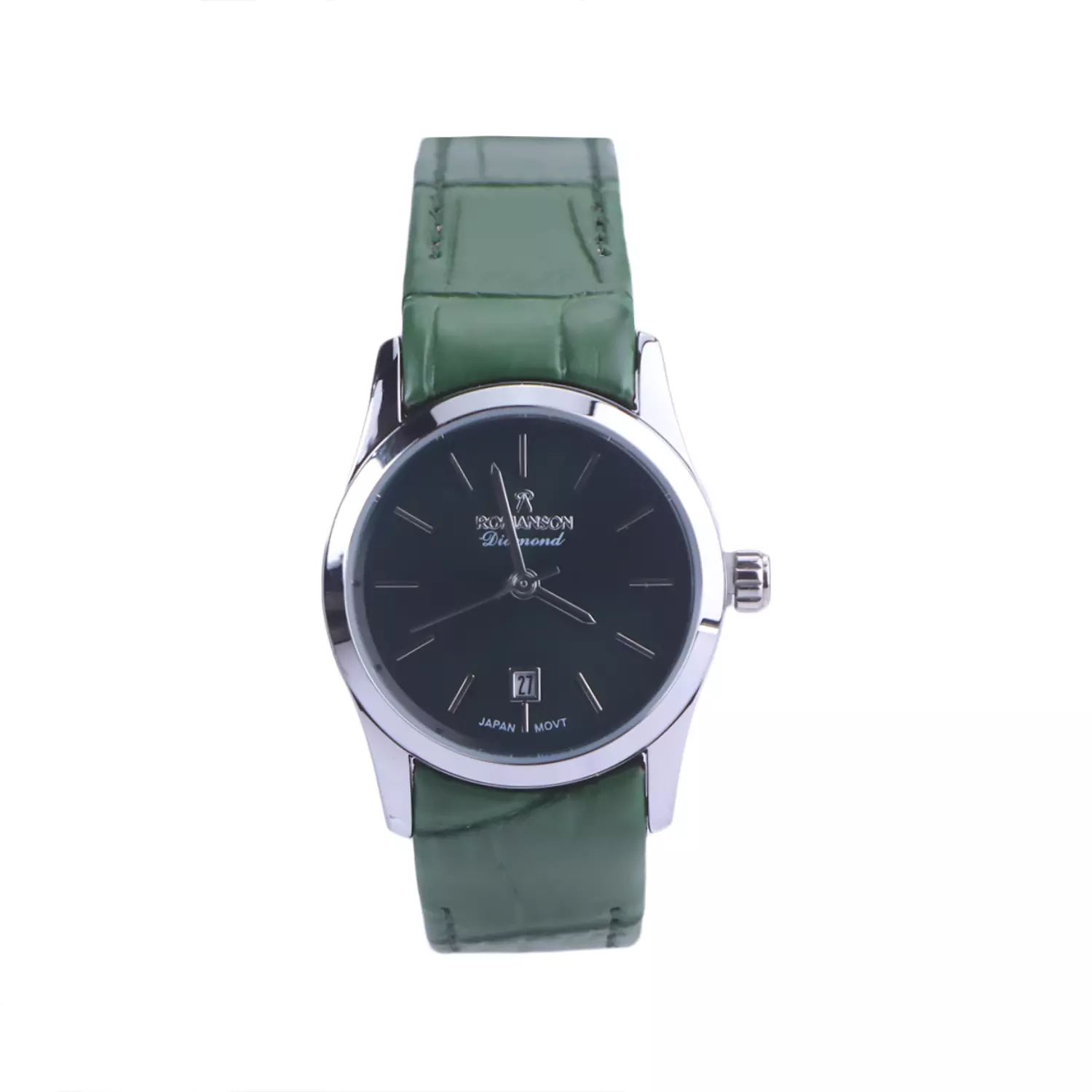 Romanson-diamond-Watch-Code-L-1535.71.webp ساعت مچی رومانسون زنانه بند چرم سبز قاب نقره ای L1535/7 - Image 1