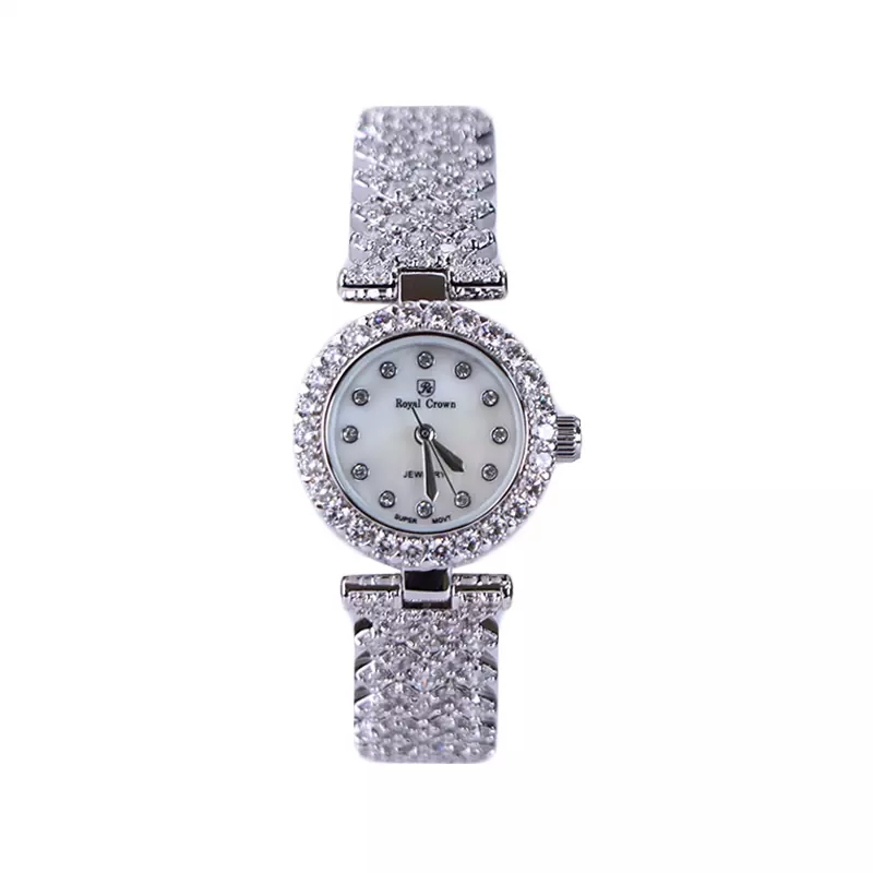 Royal-Crown-watch-code-3001.71.webp ساعت عقربه ای رویال کرون زنانه استیل نقره ای تمام نگین 3001/7 - Image 1