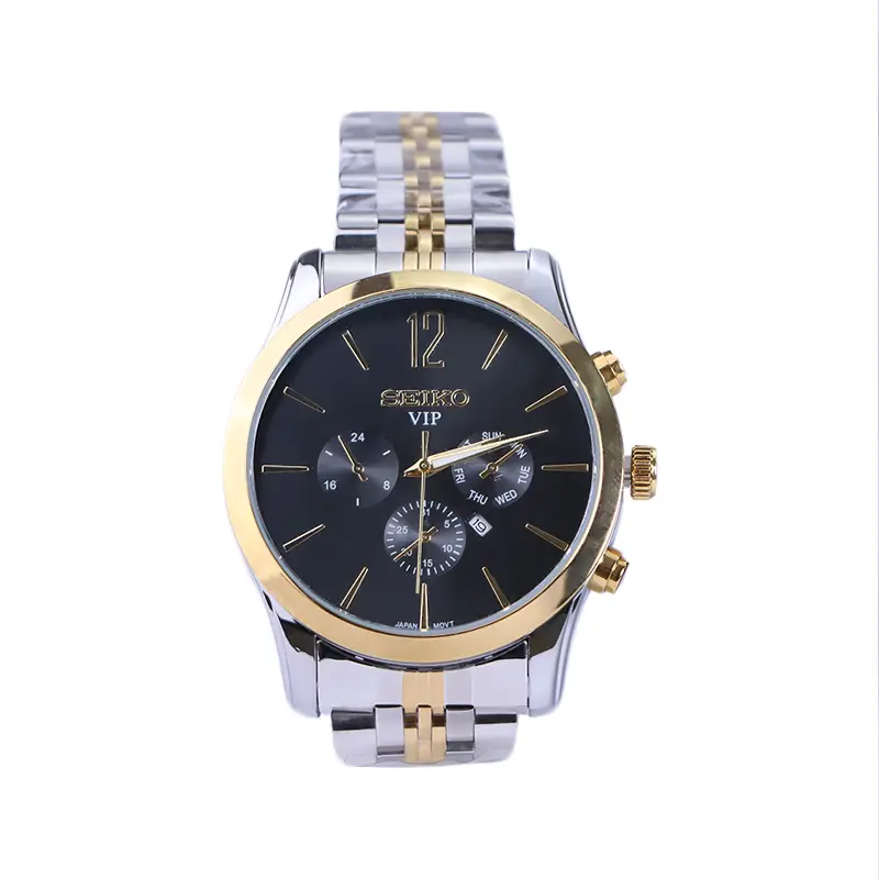 Seiko-VIP-watch-code-G-104.11.webp ساعت مچی سیکو مردانه فلزی نقره ای طلایی صفحه مشکی G 104/1 - Image 1