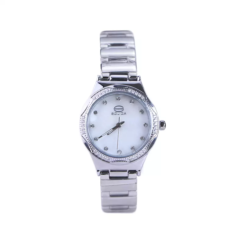 Solida-watch-code-5119.11.webp ساعت مچی سولیدا زنانه فلزی صفحه سفید قاب نگین دار 5119/1 - Image 1