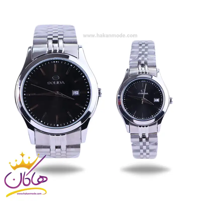 Solida-watch-code-G-2136.4-L-2136.4set.webp ساعت عقربه ای سولیدا ست بند استیل نقره ای صفحه مشکی 2136 - Image 1