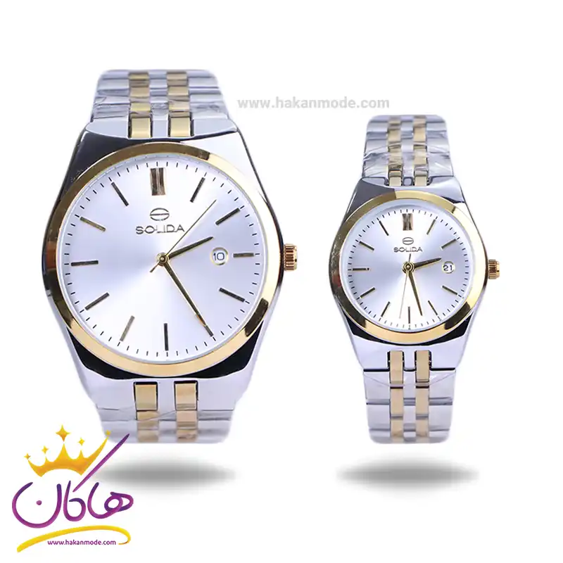 Solida-watch-code-G-2140.6-L-2140.6set.webp ساعت مچی ست سولیدا استیل نقره ای طلایی صفحه سفید 2140 - Image 1