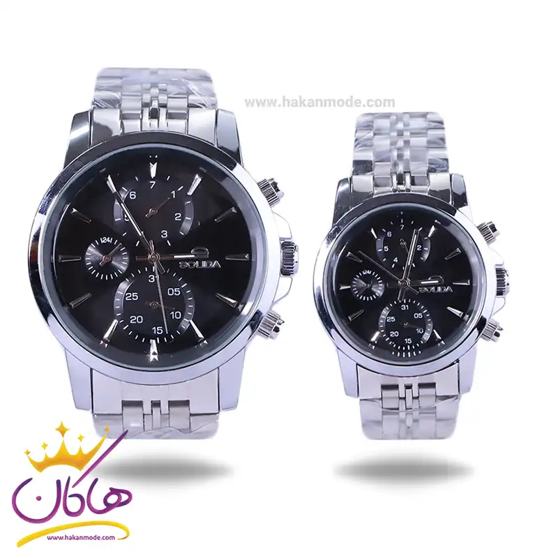 Solida-watch-code-G-2143.13-L-2143.13set.webp ساعت ست سولیدا عقربه ای استیل نقره ای صفحه مشکی 2143 - Image 1