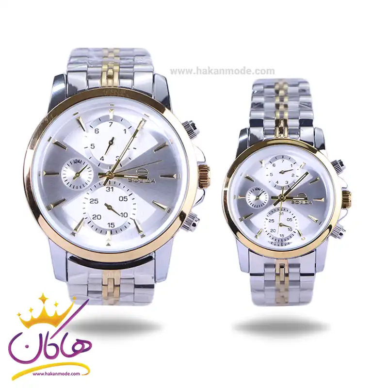 Solida-watch-code-G-2143.5-L-2143.5set.webp ساعت مچی سولیدا ست بند استیل نقره ای طلایی صفحه سفید 2143 - Image 1
