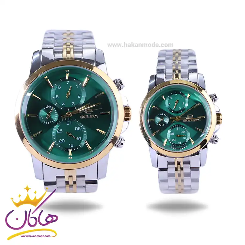 Solida-watch-code-G-2143.6-L-2143.6set.webp ساعت مچی سولیدا ست بند استیل نقره ای طلایی صفحه سبز 2143 - Image 1