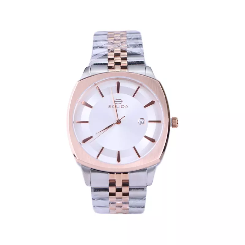 Solida-watch-code-G-6113.111-1.webp ساعت مچی سولیدا مردانه فلزی قاب مربع نقره ای رزگلد G 6113/11 - Image 1