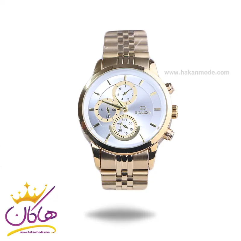 Solida-watch-code-S2141G.31.webp ساعت مچی سولیدا مردانه فلزی طلایی فول دیت G2141/3 - Image 1