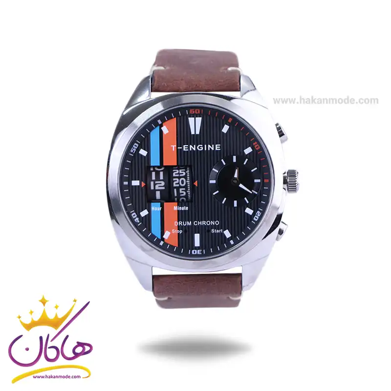 T-Engine-watch-code-Vortex-Brown-silver1.webp ساعت مچی تی انجین وورتکس مردانه بند چرم قهوه ای - Image 1