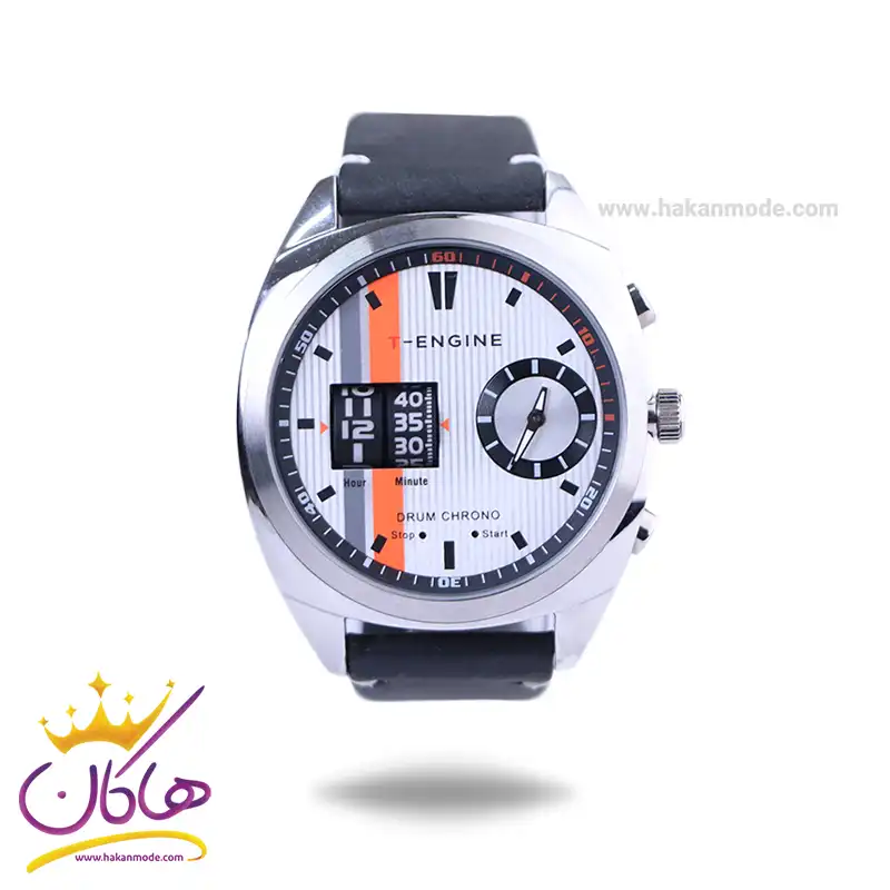 T-Engine-watch-code-Vortex-black-white1.webp ساعت مچی تی انجین وورتکس مردانه بند چرم مشکی - Image 1