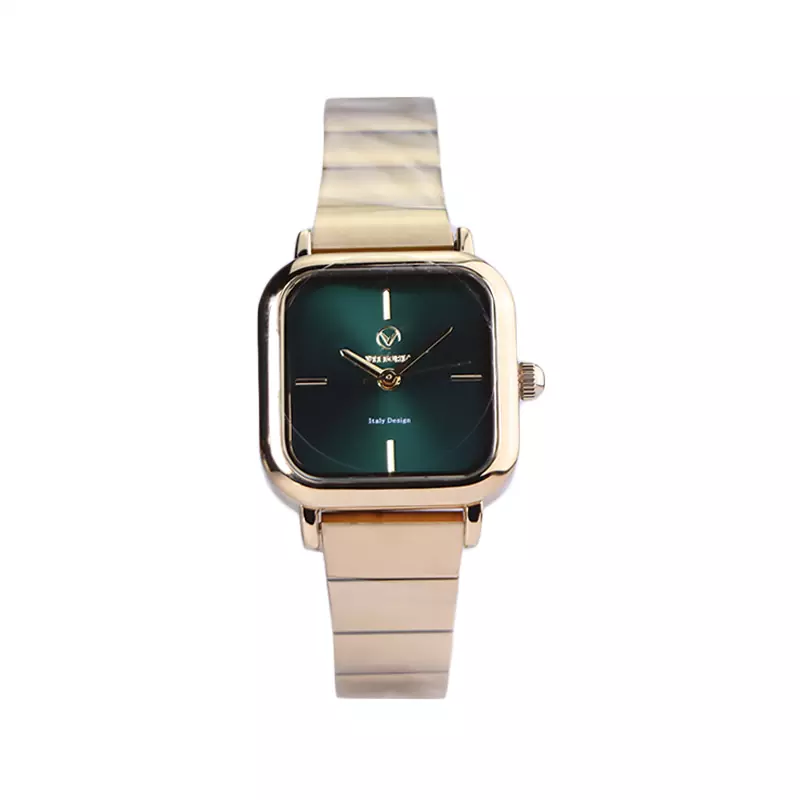Vittoria-watch-code-3386.31.webp ساعت مچی ویتوریا زنانه فلزی طلایی صفحه مربع سبز 3386/3 - Image 1