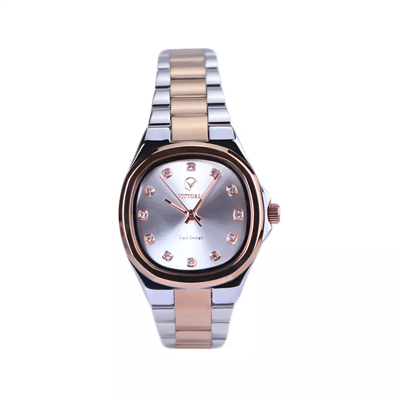 Vittoria-watch-code-VT-3412.51.webp ساعت مچی ویتوریا زنانه فلزی نقره ای رزگلد قاب مربع VT 3412/5 - Image 1