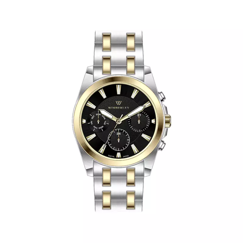 Wimberley-Watch-Code-WB-SS216L-L1.webp ساعت ویمبرلی زنانه فلزی نقره ای طلایی صفحه مشکی WB-SS216L-L - Image 1