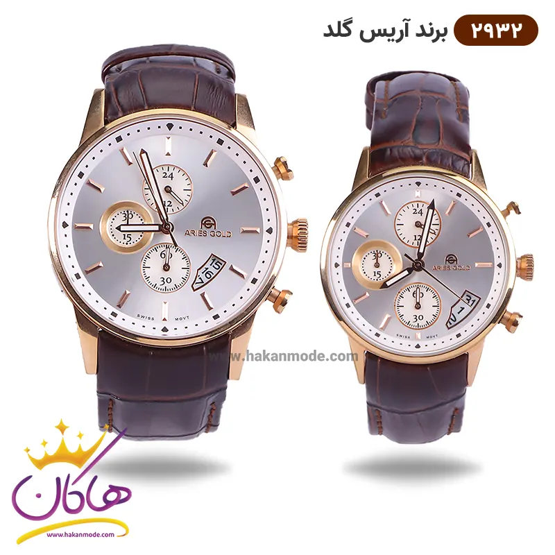 aris-gold-watch-code-L-2932.4-SET.webp ساعت ست آریس گلد بند چرمی قهوه ای 2932 - Image 1
